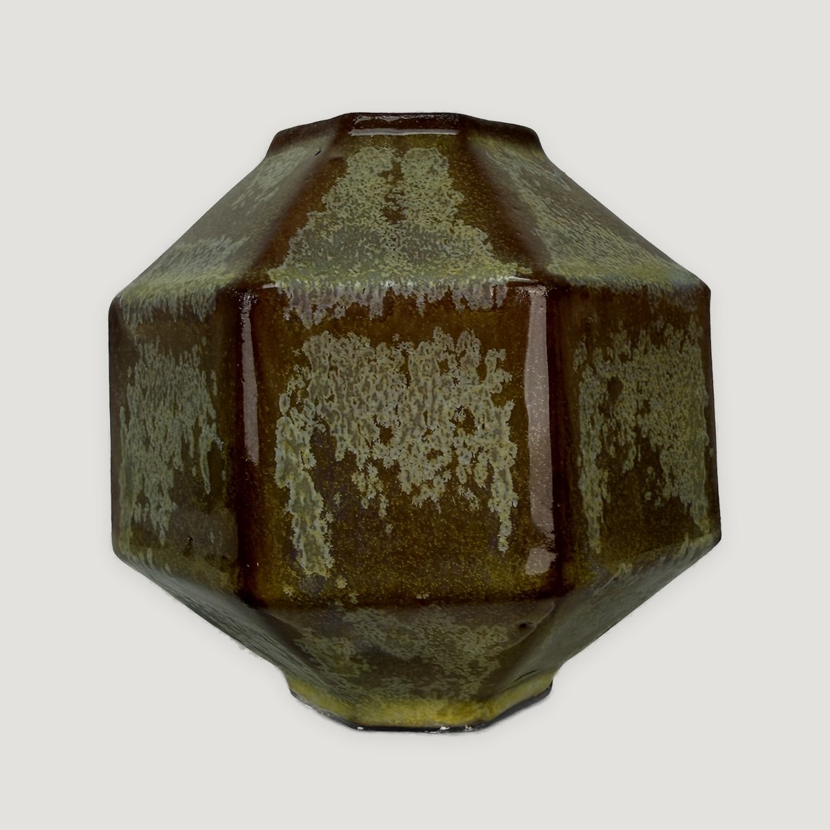 Octagonal pot, amber-brown glaze with pale olive crystalline patches